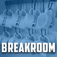 Employee breakroom with coffee station, cups, and disposable plates
