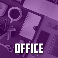 Organized office workspace with stationery, files, and desk supplies